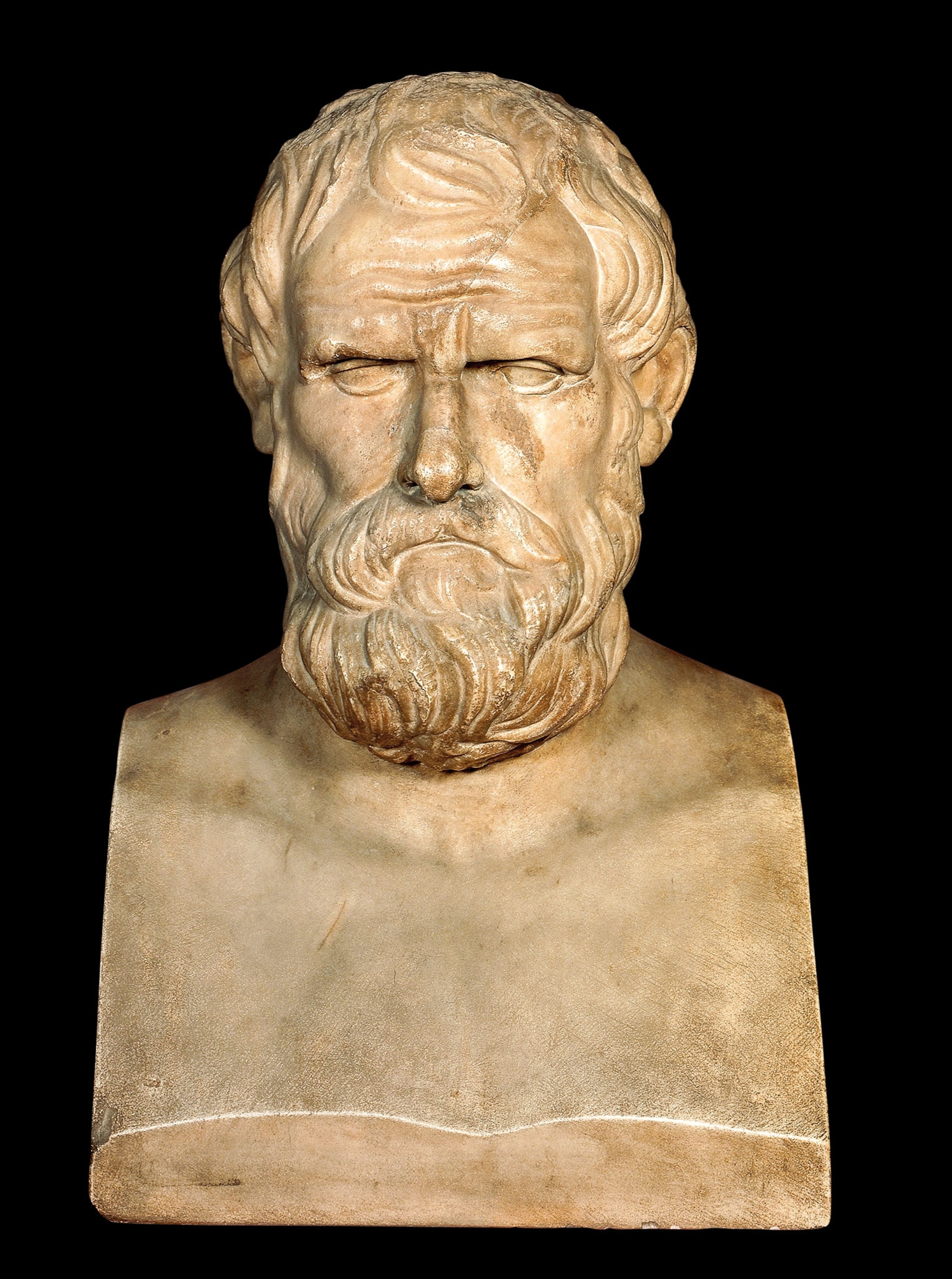 A bust of Aristophanes with a beard and mustache