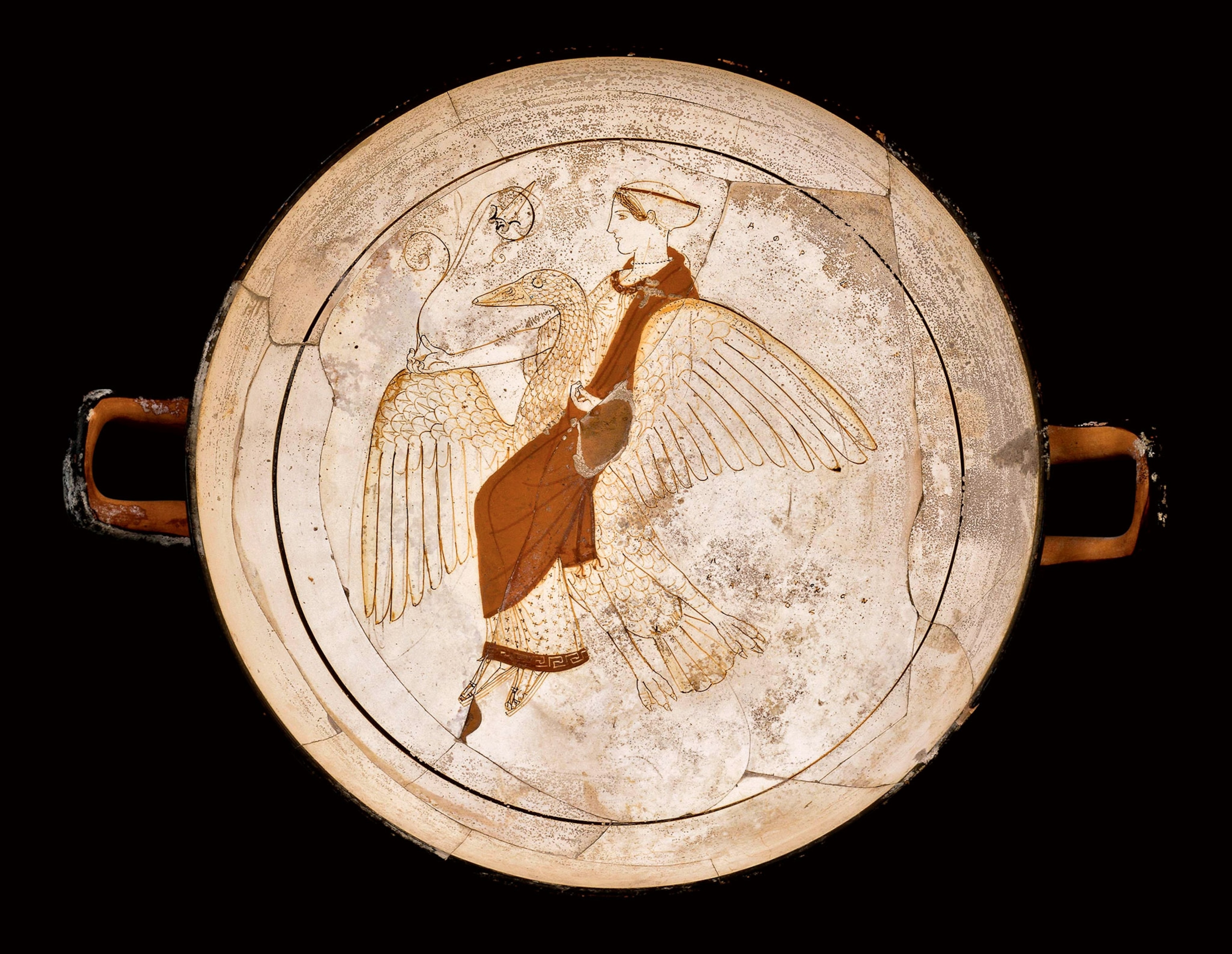 A cup for drinking wine is decorated with an image of Aphrodite riding a goose