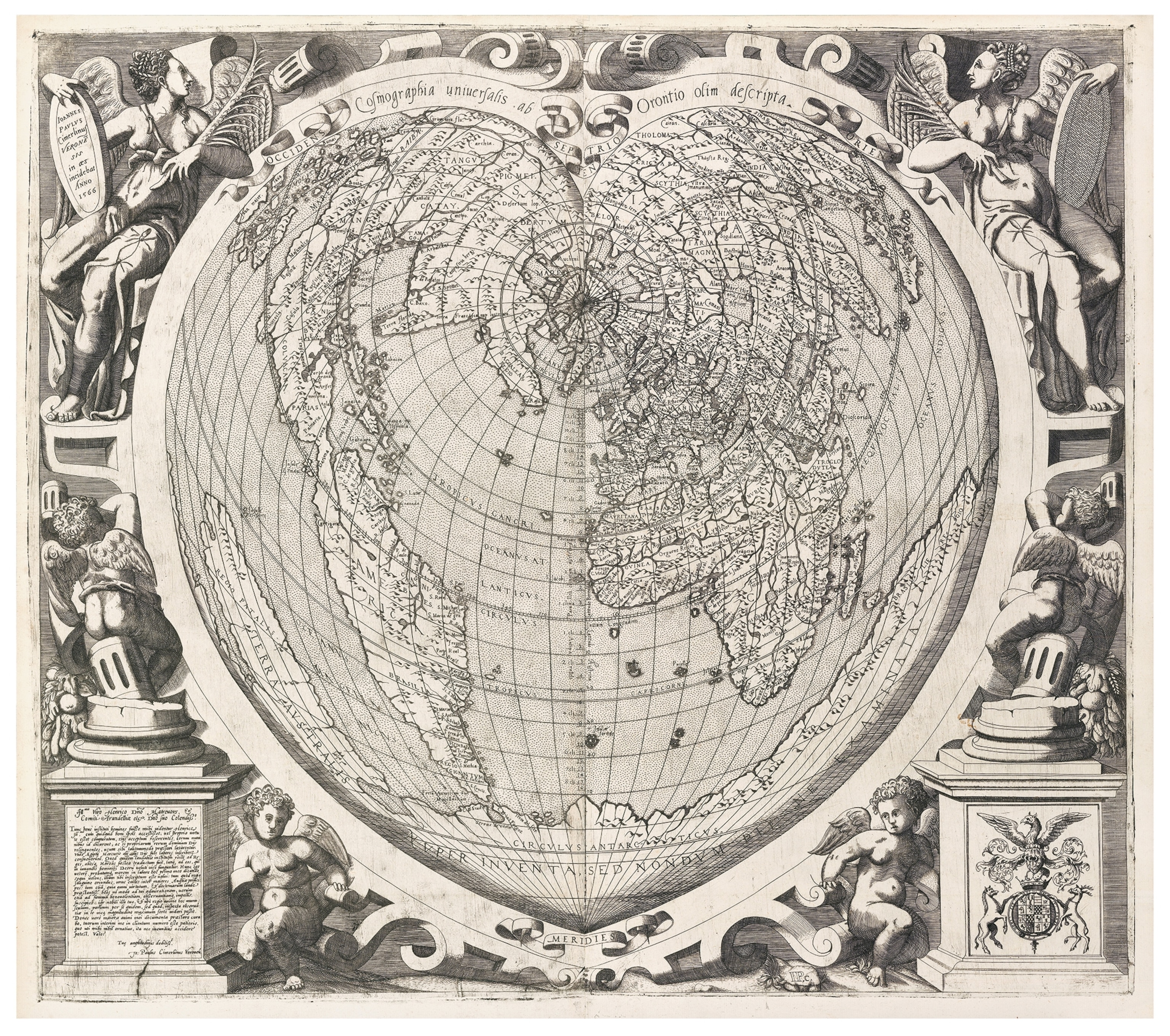 A 14th century heart-shaped map with illustrations of North and South America.