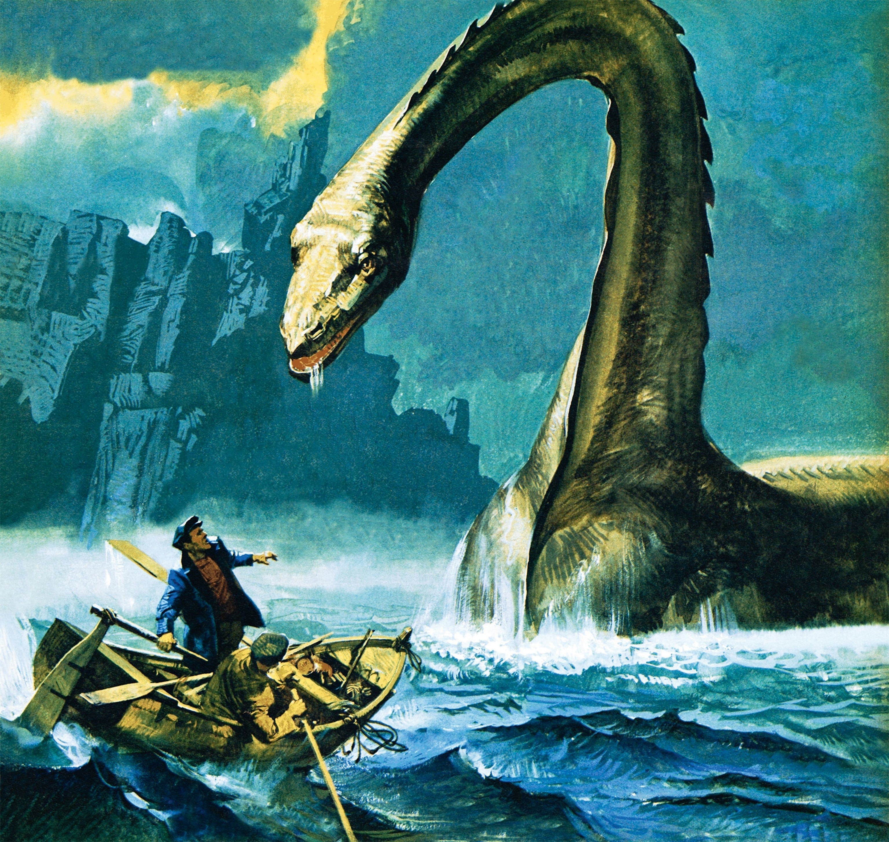 The Loch Ness monster attacks boaters in an illustration