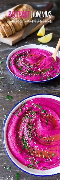 Thanks to a few tricks and a secret ingredient, this #beetroot #hummus is super #smooth despite no added oil and a very average blender.