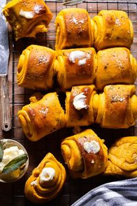 Treat yoself to a batch of these pillowy soft, pumpkin-infused buttery rolls hinted with sage and spice the next time you need a vessel for dipping into sauce.