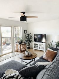 remodeled family room with white walls, wood, and neutral accents