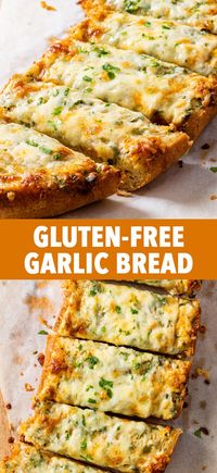 Gluten Free Cheesy Garlic Bread - This is THE BEST gluten free garlic bread you’ll ever make. It combines perfectly soft gluten free white bread with a luxurious garlic butter made with garlic confit and a small mountain of cheese – and the result is gooey, cheesy, garlicky perfection that’s wonderfully soft on the inside and crispy around the edges. If you make this, you’ll be everyone’s favourite person. Gluten free recipes. Gluten free holiday recipes. Gluten free bread.