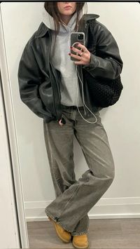 Motel Rocks Black Baggy Jeans with timberland boots and thrifted leagher jacket outfit inspo #jeans #trendy #falloutfitideas #fall #outfits #trending #microblading #thriftstorefinds #thrifted