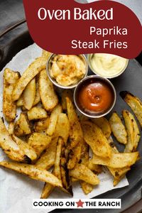 Seasoned beautifully with smoked paprika, garlic and onion powder, homemade Steak Fries in the oven never tasted so good. Using a double-bake method to keep them crispy is the secret to success. You’re going to love these steak fries in the oven.