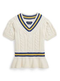 cream white/navy blue/banana yellow cotton knitted construction cable knit ribbed knit stripe detailing V-neck short sleeves peplum hem