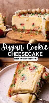 This sugar cookie cheesecake is perfect for Christmas! It has a sugar cookie crust, with a baked cheesecake filled with sugar cookie dough balls. It is topped with a white chocolate ganache and more sugar cookie dough balls.