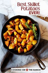 Easy one pan cast iron skillet potatoes. A cast iron skillet works beautifully for searing and crisping potatoes in the oven. Potatoes cooked in a cast iron skillet are crispy on the outside, soft and tender on the inside, and beautifully savory with rosemary and Worcestershire sauce. A great potato recipe for cooking potatoes on the stove top and finishing in oven. 