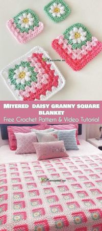 Spectacular daisies in the corner of granny square - Mitered Daisy Granny Squares Blanket or Afghan [Free Crochet Pattern & Video Tutorial]. Excelent for baby blanket.