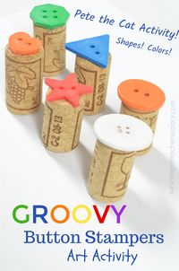 We made these recycled wine cork and button art stamps to pair with Pete the Cat and his Four Groovy Buttons kid's book! It's a great kid's art activity project to design that works on colors, shapes, creativity and fine and gross motor skills. #petethecat #preschool #art #recycled #craft #stem #finemotorskills #books #reading #design #school