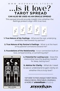 this tarot spread layout has simple, beginner friendly prompts and only 5 cards in the spread. use for when clarity, advice, & guidance in love is needed, for those times when you wonder “…is it love?”. find more from MoonHaus Studio by following along if tarot is your thing & find me on Etsy with indie tarot deck, oracle cards, tarot cheat sheets, & heaps more! <3