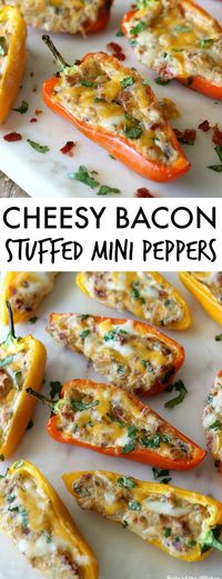 These Cheesy Bacon Stuffed Mini Peppers are such a crowd pleaser! They're stuffed with cheese, bacon, and more, then baked till melty and delicious! #appetizers #glutenfree #pork #snacks belleofthekitchen.com