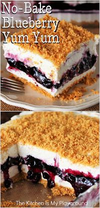 No-Bake Blueberry Yum Yum ~ With two fluffy layers sandwiching a layer of blueberry pie filling, this Southern classic is no-bake deliciousness at its best! www.thekitchenismyplayground.com