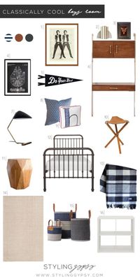 Classically Cool Boys Room design board featuring iron bed, wood wall desk, blue plaid throw blanket, star wars art prints, blue storage baskets and ikea kallax shelves #boysroom #boysroomideas #boysroominspiration #starwarsthemedroom #boysroomdecor #kidsroom