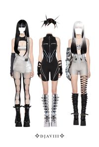 3 member kpop outfit, cyber outfit, cyberpunk style, futuristic style inspiration