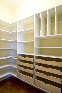 Maximizing every square inch of a closet. Corner shelves and drawers and boot dividers