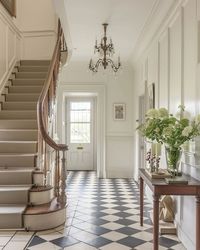 This elegant hallway combines classic design elements, including a checkered floor, soft neutral walls, and a sweeping staircase. A vintage chandelier adds a touch of grandeur, while fresh floral arrangements bring life and warmth to the sophisticated space.   #InteriorInspiration #ClassicDesign #TimelessInteriors #ElegantHallway #VintageCharm #CheckeredFloor #SophisticatedSpaces #InteriorStyling #WelcomingHome #DesignDetails