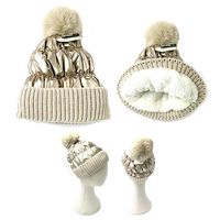 Gold Trendy Fashion Fleece Lining Puffer Knit Beanie Bling Pompom Hat Material : 50% Polyester, 50% Acrylic G 8006 H