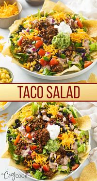 This easy Taco Salad recipe is made with seasoned ground beef, an easy homemade dressing, and is loaded with your favorite Taco ingredients! This is a healthy meal prep recipe that is easy to make ahead of time.