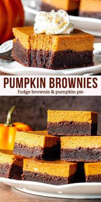 Fudgy brownie and pumpkin pie combine for this delicious fall treat. A layer of rich chocolate brownie on the bottom pairs perfectly with a creamy pumpkin pie layer on top. Decadent and a little different - add  these pumpkin brownies to your fall baking! #pumpkin #Brownies #chocolate #fudge #recipe #layered #pumpkinpie from Just So Tasty