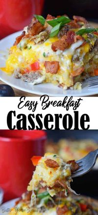 Easy breakfast casserole is hearty and delicious! Perfect for a Holiday or weekend breakfast loaded with hashbrowns, bacon, sausage, eggs and cheese.