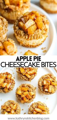 These apple pie cheesecake bites combine a buttery graham cracker crust, a smooth and creamy cheesecake filling, topped with a sweet cinnamon streusel, and finished with warm tender cinnamon apples.  Make these single serve cheesecakes in a standard muffin pan in under an hour.  This fall dessert is perfect in every way possible! #cheesecake #cheesecakebites #applepie #dessert