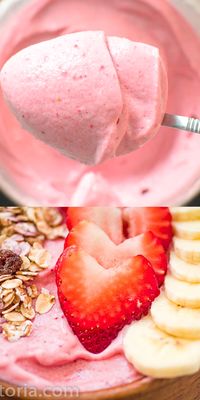 This Strawberry Banana Smoothie Bowl is super easy to make and it tastes better than ice cream! Made with just 3 ingredients, you’ll want to eat it all summer long. FOLLOW Cooktoria for more deliciousness! #strawberry #banana #smoothie #smoothiebowl #summer #summerfun #nicecream #icecream #dessert #healthydessert #recipeoftheday