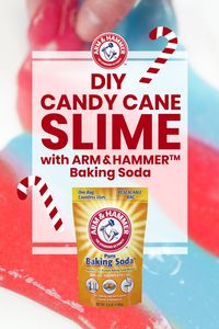 Make a fun and festive DIY candy cane slime with Arm & Hammer™ Baking Soda. Combine 5 oz white glue with 1 tbsp Arm & Hammer™ Baking Soda, 3 drops of food Coloring, and 2 tsp contact solution. Stretch and knead as desired for the most wonderful slime of the year!