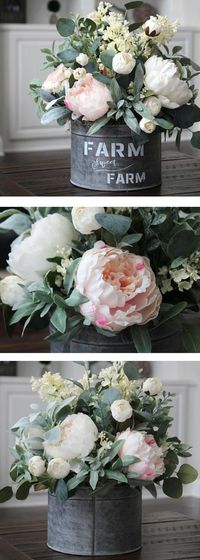 Farmhouse Décor ~Cottage Décor ~Spring Centerpiece ~Real Touch Pink/White Peonies in a Galvanized Farmhouse Pail - Farmhouse style, fixer upper style, rustic, vintage, coffee table décor, mantle décor, Joanna gaines #ad