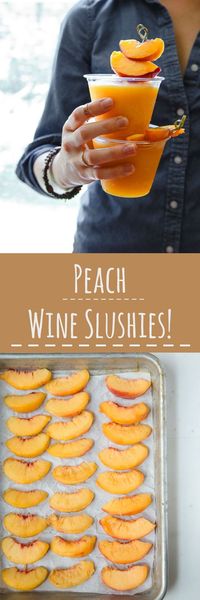 Peach Wine Slushies are made with a bag of frozen peaches and a bottle of white wine! So easy, so customizable! #peach #wine #wineslushy #wineslushies #peachwine #cocktail #frozendrink #summerdrinks via @dessertfortwo