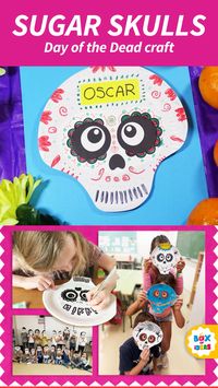 Dia de los Muertos sugar skulls crafts make colorful decorations for a Mexican Day of the Dead party, bulletin board or display in the Spanish classroom. A fun low-prep activity for children to celebrate this halloween alternative of hispanic heritage. #dayofthedead #diadelosmuertos #diademuertos #sugarskulls #kidscrafts #preschoolcrafts #hispanicheritage #paperplate #papercrafts #tpt #teacherspayteachers #halloweencrafts #kindergartencrafts #easycrafts #bilingualkids #dayofthedeadkids