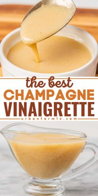 The BEST Champagne Vinaigrette ever! This champagne vinegar salad dressing is a simple condiment recipe with classic ingredients. Light and refreshing, this homemade dressing for salads is also elegant enough for special occasions!