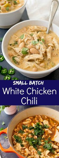 White chicken chili for two recipe made in just 30 minutes. Full of white beans, green chiles, and sour cream, small batch chili recipe.