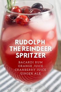 Holidays are coming up and it's time to start thinking about holiday cocktails. This Rudolph the Reindeer Spritzer is a festive drink that is sure to be a hit at your next party! The ingredients for this cocktail are Bacardi, ginger ale, orange juice, and cranberry juice. Don't forget the red noses (fresh cranberries)!