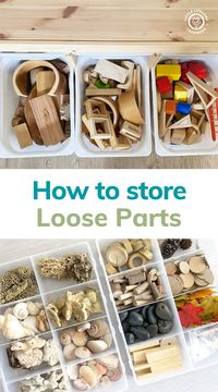 Storage and organisation for loose parts by Little Lifelong Learners. Loose parts are perfect for small world play and art and craft activities for toddlers and preschoolers. We're sharing three easy ideas for storing loose parts so these small pieces are organised and easily accessible for kids. Read the blog post to learn more about how we use Ikea Trofast shelves, compartment storage boxes, and food storage containers to organize our loose parts.