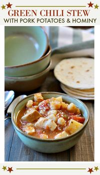 Pork green chile stew. Slightly spicy, slightly tangy and full of flavor. Easy, hearty and full of comfort food goodness. Potatoes, hominy, chicken and plenty of Southwestern goodness. Feeds a crowd. Perfect for football parties. #cookingontheranch #stovetop #greenchili #soup #hearty #comfortfood via @lannisam