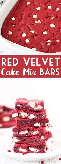 Red Velvet Cake Mix Bars -- Red velvet cake mix bars require only five ingredients and five minutes to throw together. They're soft, chewy and all kinds of white chocolatey Perfect for Valentine's Day! | halfscratched.com #redvelvet #recipe #cookies