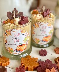 Fall Leaves, Pumpkin Spice Scented Bakery Dessert Candle, Sparkled and Dunked in Whipped Buttercream, Pumpkin Clove, Nutmeg, Wax Crumbles.  Smells amazing even unlit!  Scented just like the classic favorite pumpkin spice with all the spices combined together for that ahhh it's fall again! Designed to capture the essence of a favorite season, fall with all the pretty leaves when they change colors and fall to the ground!  Just a hint of sparkle with wax fall colored leaves, sugar pop pumpkin and sprinkles dunked in pumpkin buttercream and pumpkin clove crumbles!  Looks and smells amazing but Do NOT EAT! Makes for a fun and unexpected gift idea for any party especially candle exchange parties and holidays like Thanksgiving and Halloween! These look and smell real, but they are wax, so please