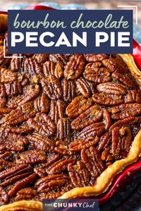 This Bourbon Chocolate Pecan Pie recipe is a fun twist on a classic Fall dessert, and a MUST for any Thanksgiving table.  The gooey, sugary center, warm oak-y flavor of the bourbon and decadent dark chocolate, and the crisp nutty top make this the ultimate holiday dessert! #pecanpie #pecan #chocolate #bourbon #thanksgiving #holiday #dessert #baking