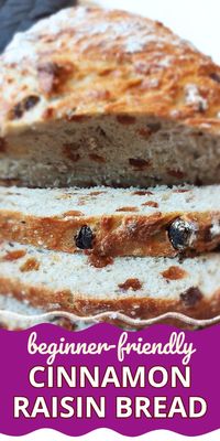 This is the BEST cinnamon raisin bread I've ever had! It’s easy homemade bread, filled with cinnamon and raisins and pecans too! No-knead homemade bread made in a dutch oven makes it crusty on the outside and soft and fluffy on the inside. This cinnamon raisin bread makes yummy toast and is perfect for breakfast, brunch, lunch, or a snack! | cinnamon bread recipe, cinnamon raisin bread recipe, artisan bread