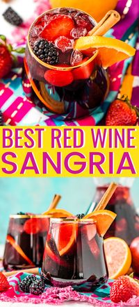 Red Wine Sangria isn't overly sweet and is a delicious big batch cocktail the whole party will love!  This Red Sangria Recipe is made with a mix of red wine, brandy, lemon-lime soda and loaded with oranges, apples, strawberries, and blackberries, plus a touch of cinnamon! via @sugarandsoulco