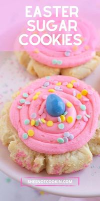 These Crumbl Inspired Easter sugar cookies are quick and easy to make with a luscious, creamy frosting. Top with your favourite decorative Easter eggs for a fun Easter dessert! Jumbo cookies!