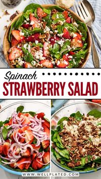 The best ever Spinach Strawberry Salad with Balsamic Poppyseed Dressing, pecans, and feta or goat cheese. This beautiful, healthy salad is always a hit and perfect for parties. Keep it vegetarian or add chicken to make it a main event! #wellplated #salad #healthy #vegetarian