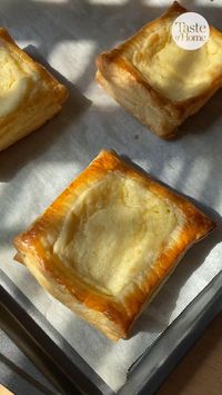 The flaky layers of laminated dough and a sweet, cheese filling in the center make this Danish a natural to pair with hot coffee or tea. It’s as delicious for breakfast as it is for a late-night snack. This recipe is easy to make, too, thanks to frozen puff pastry dough that you can find at the store.