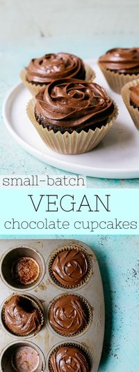 Vegan chocolate cupcakes with vegan chocoalte frosting. Recipe that makes 4 cupcakes. Plus, vegan buttercream frosting made WITHOUT vegan butter!