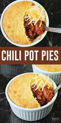 This Chili Pot Pie is served in an individual sized pot with a homemade cornbread crust. The perfect dinner idea for the family on a cold winter day. | chili pot pie with cornbread crust | chili recipe easy #dinner #chili #food #recipe