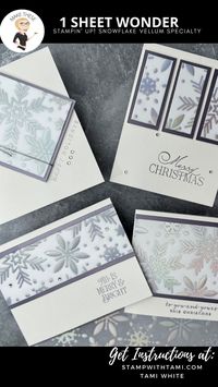 If you are looking for Holiday Cards that WOW and are quick and easy, the Stampin' Up! Snowflake Vellum Specialty paper is a perfect choice. I made a set of 14 gorgeous iridescent and shimmery cards with 1 sheet of the the specialty paper. Then I stepped the same piece of specialty paper with some Silver Foil, Silver Cord and Rhinestones for a set of 14 WOW cards.