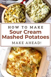 The beauty of this make ahead sour cream mashed potatoes recipe is that it's perfect for busy holiday meal plans. Simply stated, this recipe can be a life saver. Can be made up to 2 days ahead of time, then baked in the oven. Sour Cream mashed potatoes with chives and plenty of butter make this a family favorite side dish.