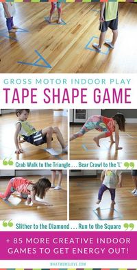 Best Active Indoor Activities For Kids, including fun games with a roll of tape! | Gross Motor Games and Creative Ideas For Winter (snow days!), Spring (rainy days!) or for when Cabin Fever strikes | Awesome Boredom Busters and Brain Breaks for high energy Toddlers, Preschool and beyond - see the full list at whatmomslove.com